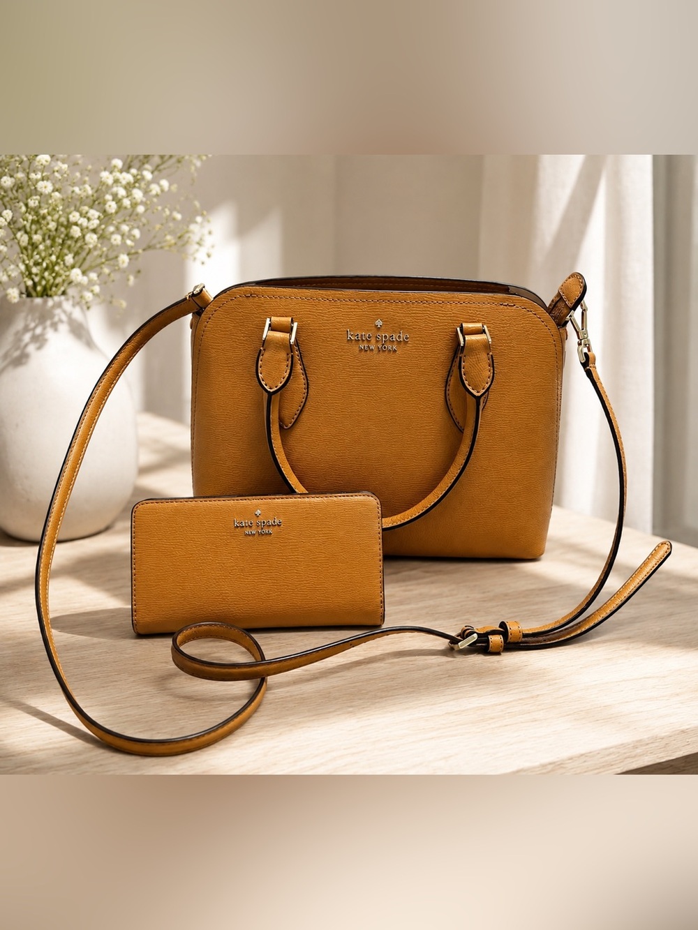 kate spade mustard leather dome satchel with matching wallet and crossbody strap